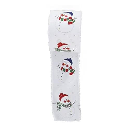 Snowman Ribbon With Double Wire Decoration white ribbon with three snowman motifs on Tampa Home & Garden Store