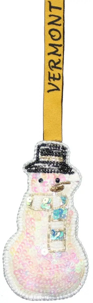 Snowman sequined ornament iridescent pastel body with Vermont ribbon hanger on Tampa Home & Garden Store
