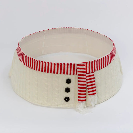 Snowman tree collar 30in diameter in cream knit with red striped band and button accents on Tampa Home & Garden Store