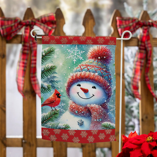 Snowman and Cardinal suede garden flag with red snowflake border and snowy blue scene on Tampa Home & Garden Store