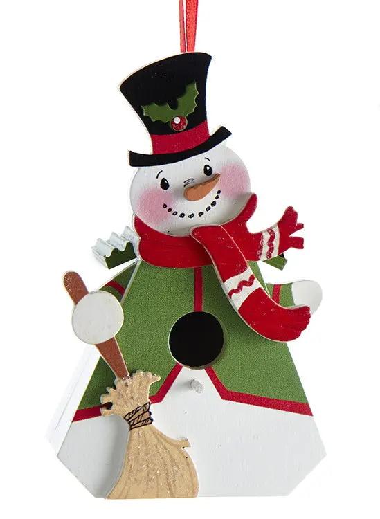 Snowman birdhouse ornament with red gem glitter, wooden house by The Country Christmas Loft on Tampa Home & Garden Store