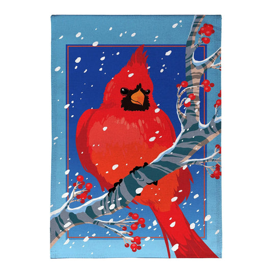Snowy cardinal burlap garden flag with blue background and berry branches Evergreen Enterprises on Tampa Home & Garden Store