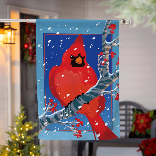Snowy Cardinal Burlap House Flag with blue backdrop, red cardinal and berry accents on Tampa Home & Garden Store