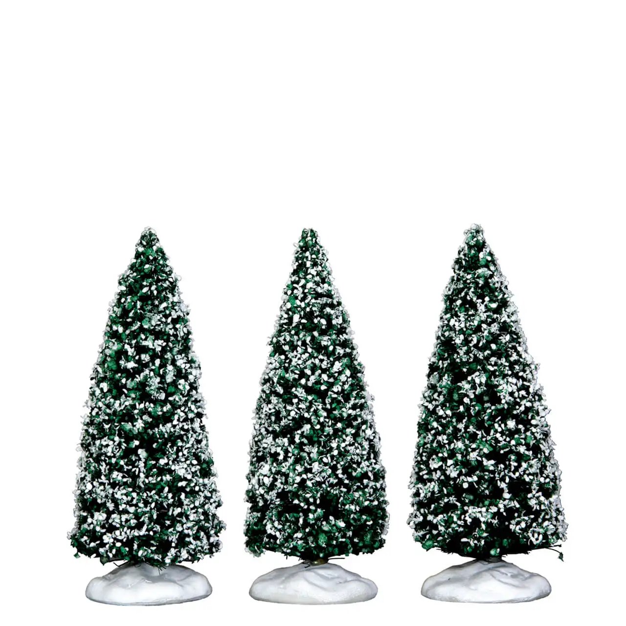 Snowy Juniper Tree set of 3 miniature Christmas trees, green snow-dusted on white bases on Tampa Home & Garden Store