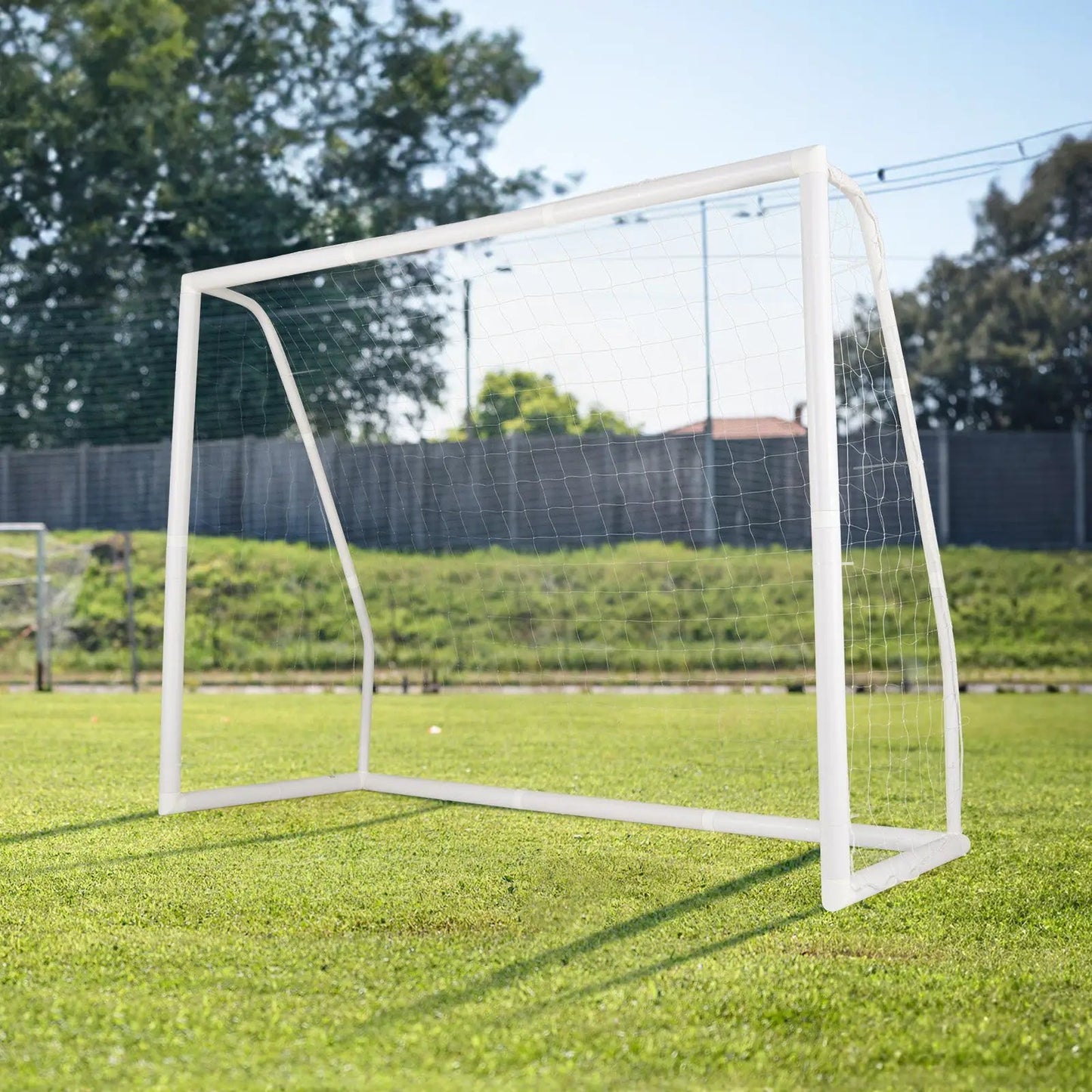 8' x 6' Soccer Goal with ground stakes and cones DirectDeals white steel frame on Tampa Home & Garden Store