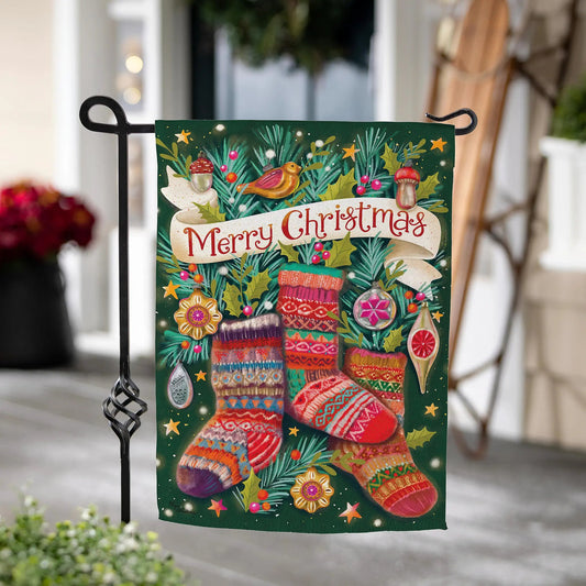 Sock Ornaments suede flag seasonal outdoor stockings green background Evergreen Enterprises on Tampa Home & Garden Store