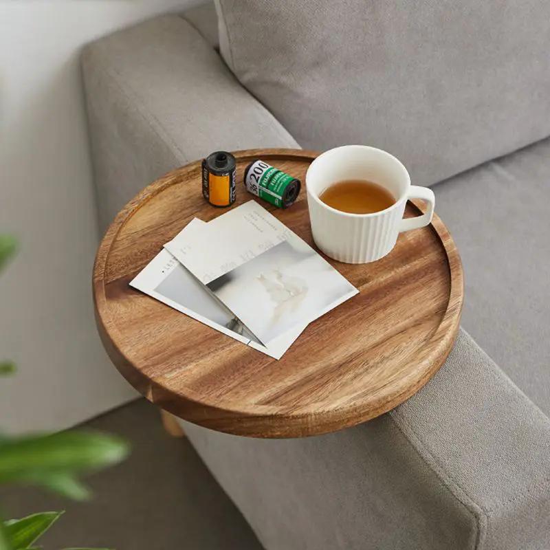 Walnut-finish wooden round sofa arm tray clip-on table with mug on Tampa Home & Garden Store