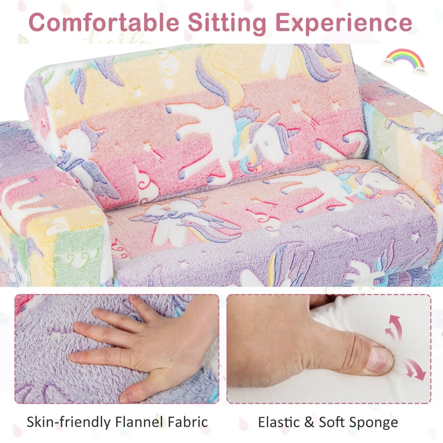 Flip Out Kids Sofa Chair with colorful unicorn-flannel cover, 2-in-1 design on Tampa Home & Garden Store