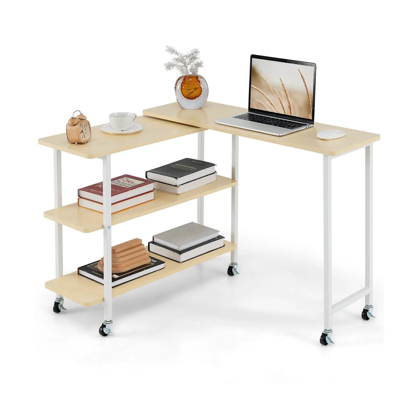 360° Rotating Sofa Side Table 2-Tier Storage wood top on white frame casters DirectDeals on Tampa Home & Garden Store