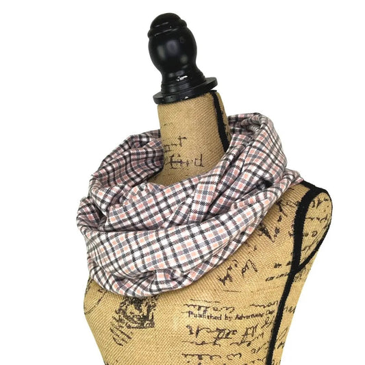 Infinity scarf Soft Pink Grey Black White plaid on dress form with Thistle & Stitch on Tampa Home & Garden Store