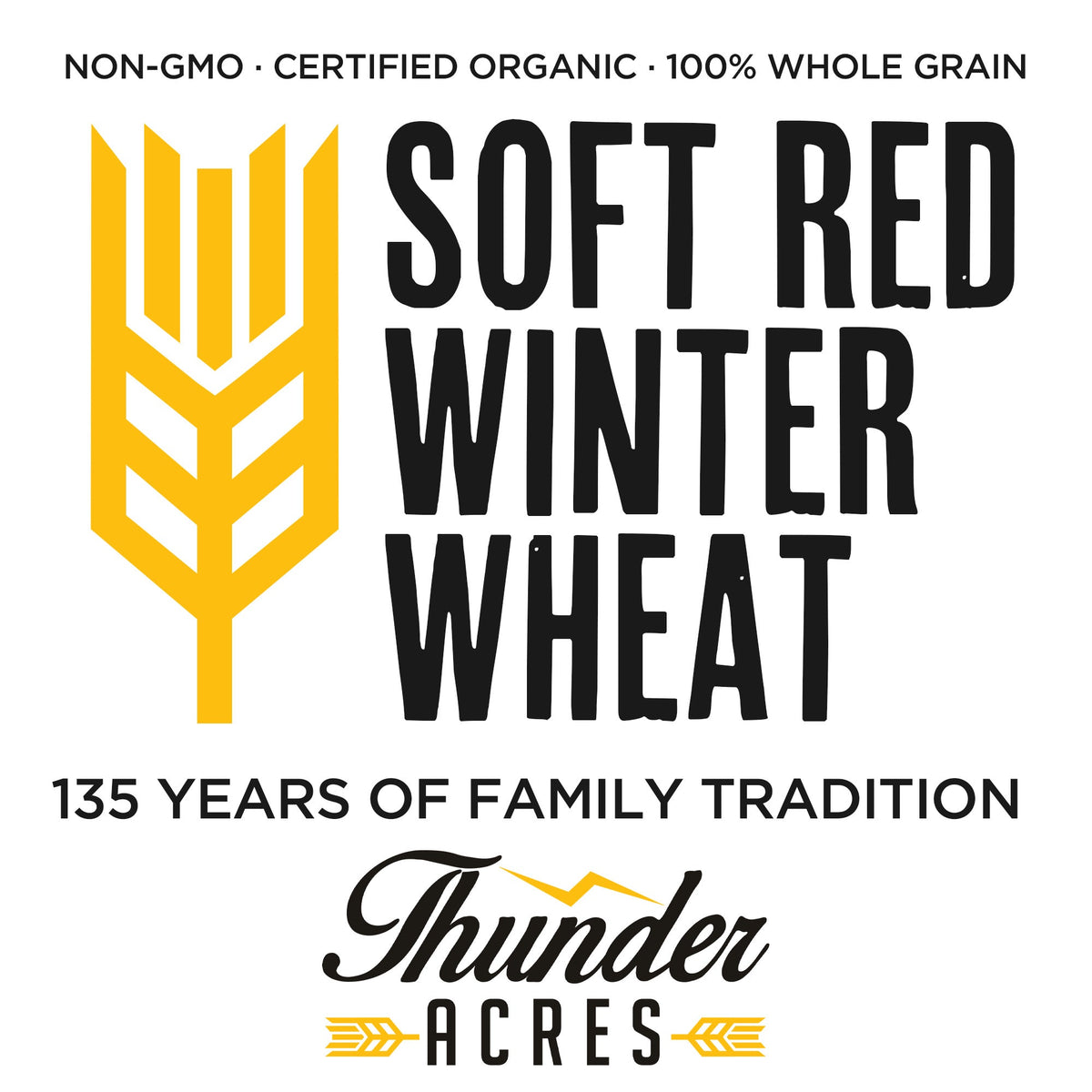 Soft Red Winter Wheat Seed by Thunder Acres, organic non-GMO grain, yellow emblem on Tampa Home & Garden Store