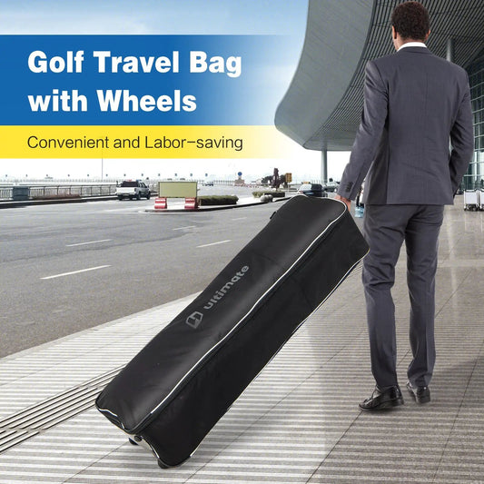 Soft-sided golf travel bag with wheels, black color, Ultimate brand logo, carried by a man in a suit on Tampa Home & Garden Store