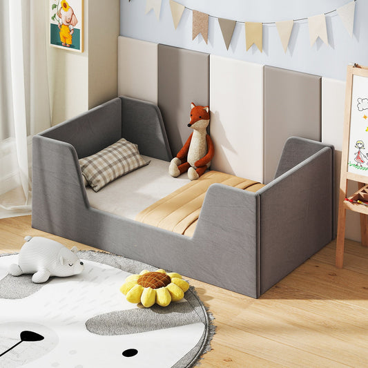 Soft Velvet Fabric Toddler Bed Frame with Safety Rails - Tampa Home & Garden Store
