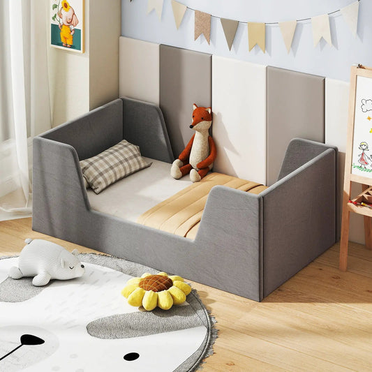 Soft Velvet Toddler Bed Frame with Safety Rails gray upholstery, padded sides DirectDeals on Tampa Home & Garden Store