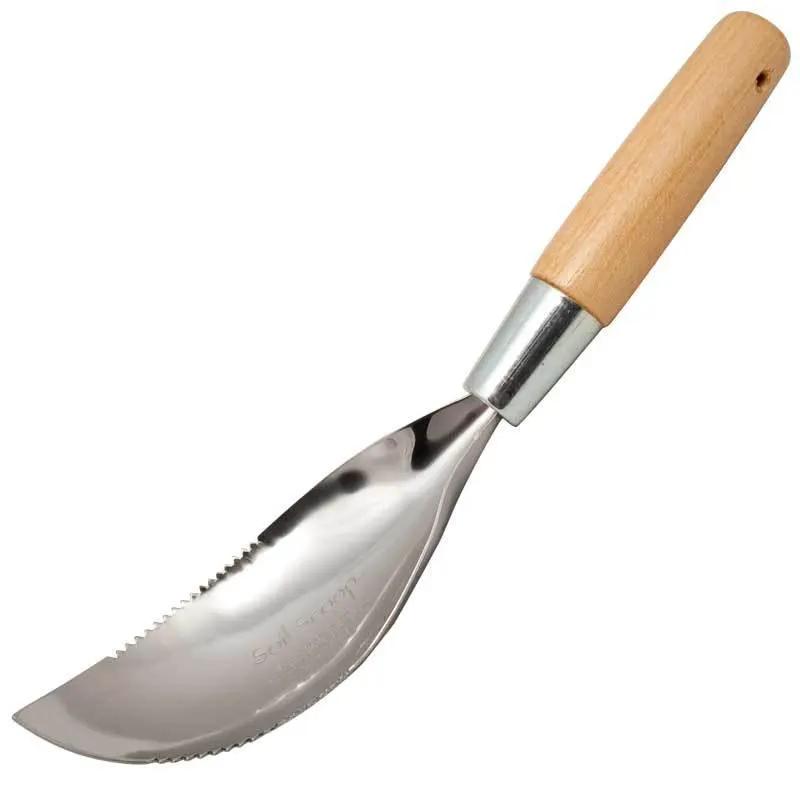 Soil scoop trowel with wooden handle and serrated blade for deep weeding Grow Organic on Tampa Home & Garden Store