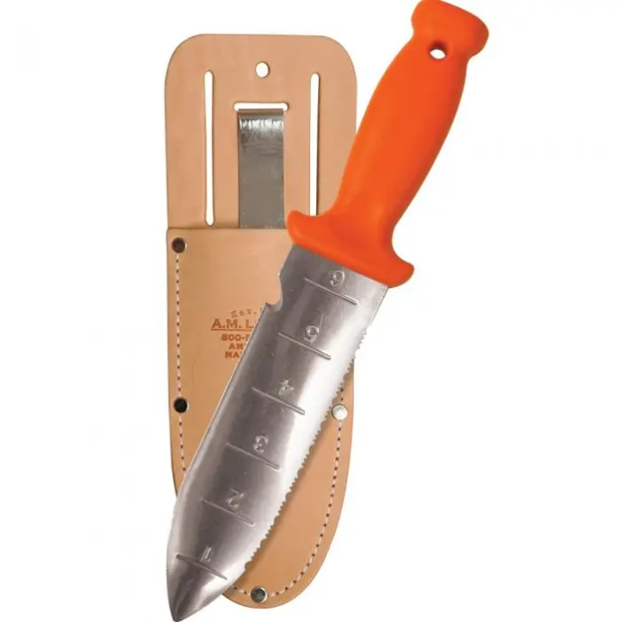 AM Leonard Deluxe Soil Knife with orange handle and leather sheath depth marks on blade on Tampa Home & Garden Store