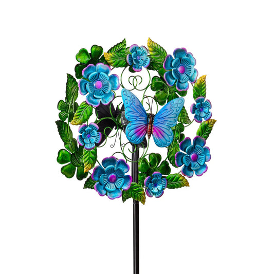 Solar metal wind spinner Evergreen Enterprises blue flowers and butterflies with leaves on Tampa Home & Garden Store