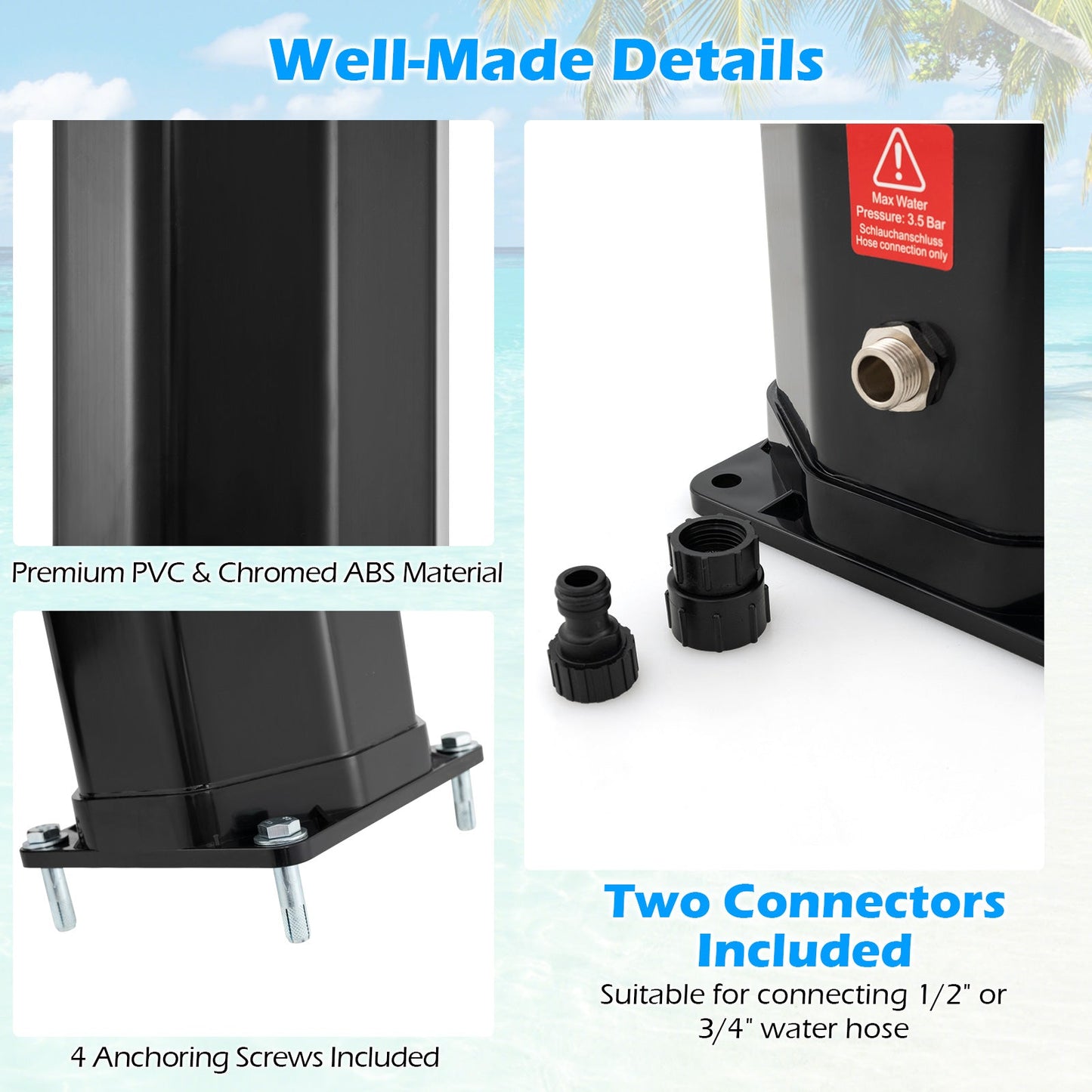 GemGear 7.5ft solar heated outdoor shower in black with shower head, portable 15.9 gal capacity on Tampa Home & Garden Store