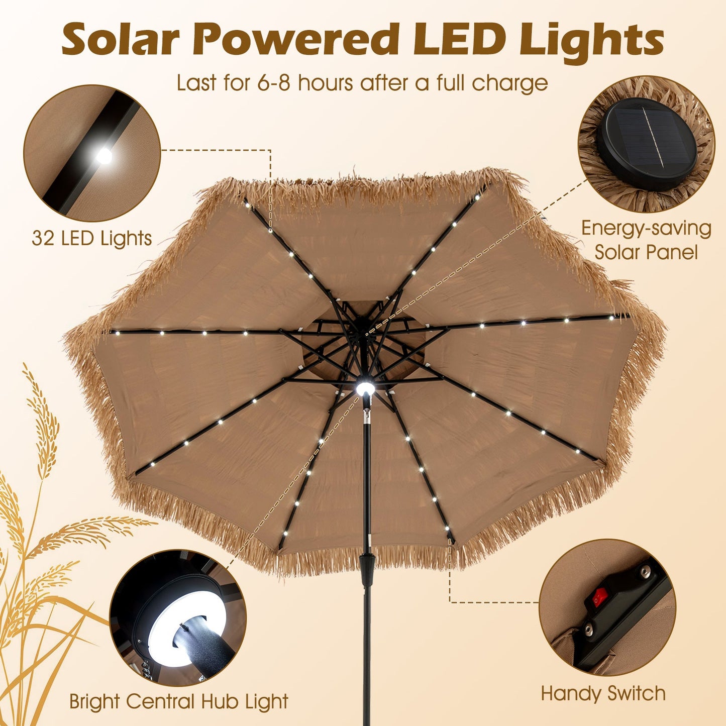 10 ft Hawaiian Style Solar Lighted Tiki Umbrella with thatched fringe and 32 LED lights DirectDeals on Tampa Home & Garden Store