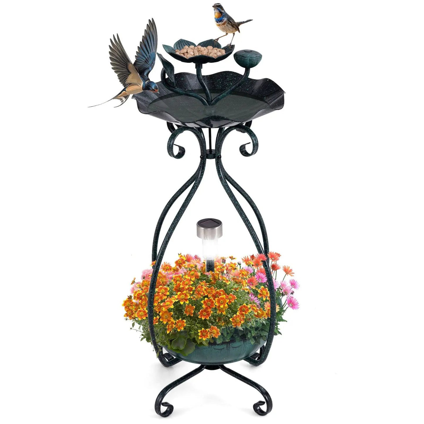 Solar Bird Bath Feeder Combo with Flower Planter on black metal stand with seed dish on Tampa Home & Garden Store