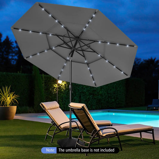 10 Feet Solar Patio Umbrella with 32 LED Lights 3-Tier Vented Top-Gray - Tampa Home & Garden Store