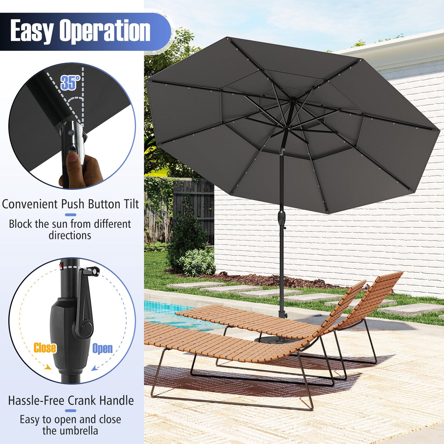 10 Feet Solar Patio Umbrella with 32 LED Lights 3-Tier Vented Top-Gray