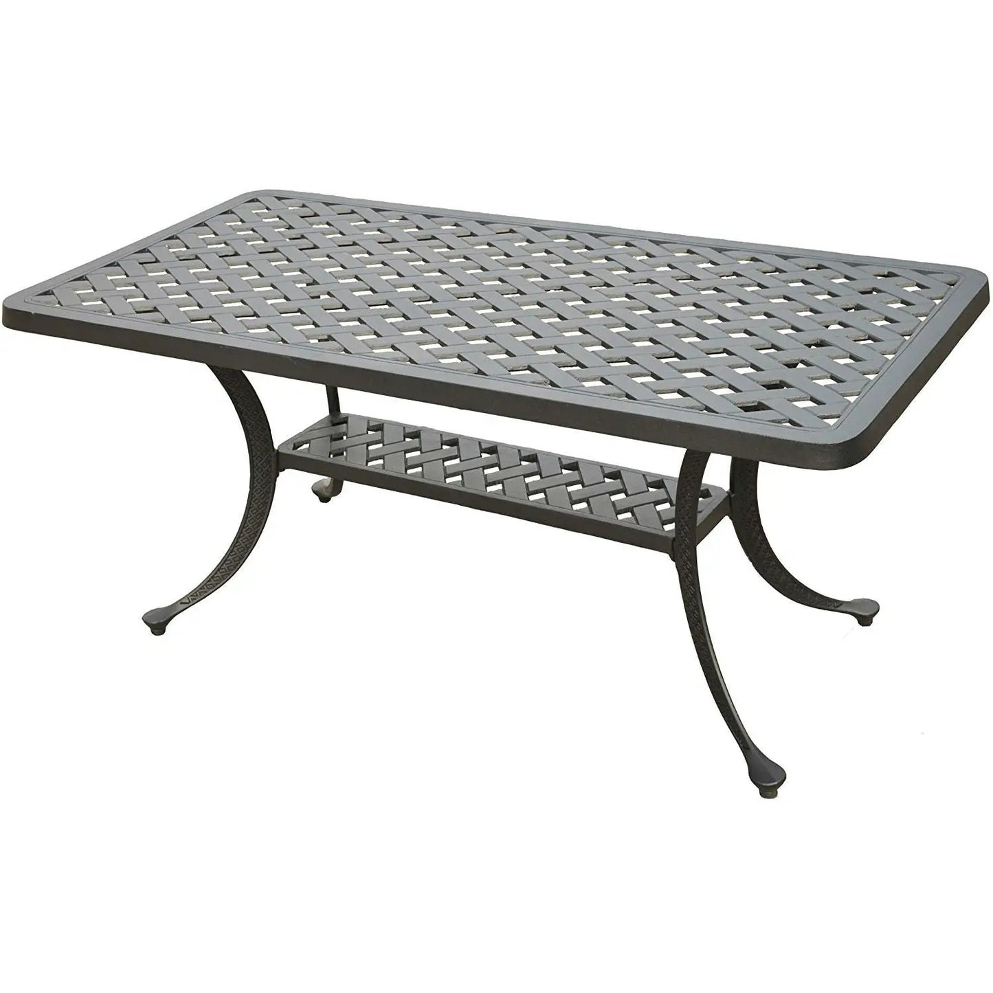 Solid cast aluminum outdoor patio cocktail table in charcoal with lattice top and shelf on Tampa Home & Garden Store