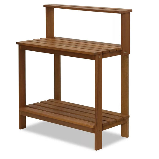 Meranti wood outdoor potting bench with back shelf and lower slatted shelf in warm brown on Tampa Home & Garden Store