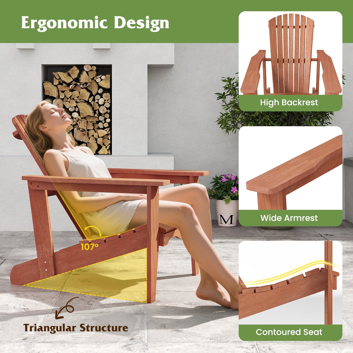 Solid wood Adirondack chair by DirectDeals with wide armrests, natural finish for outdoor use on Tampa Home & Garden Store