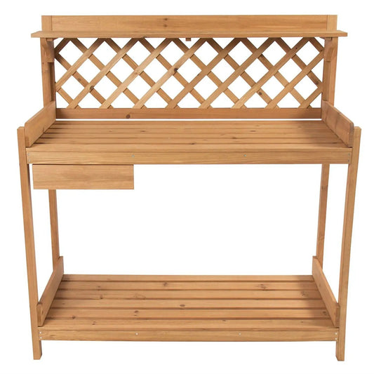 Solid wood garden potting bench in natural fir finish with lattice back and left-side drawer on Tampa Home & Garden Store