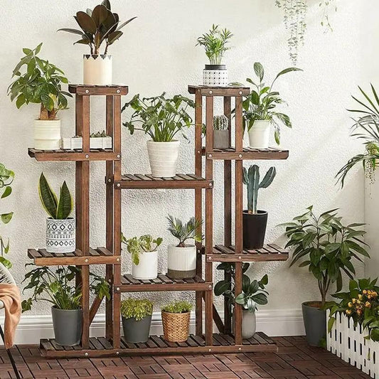 Solid Wood 11-Tier Plant Stand brown finish with multiple shelves and potted plants on Tampa Home & Garden Store