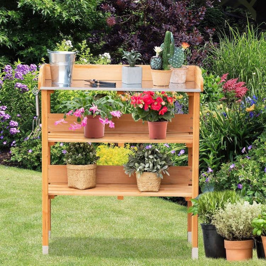 Solid Wood Outdoor Garden Bench Table with Bottom Storage Shelves and Metal Top - Tampa Home & Garden Store