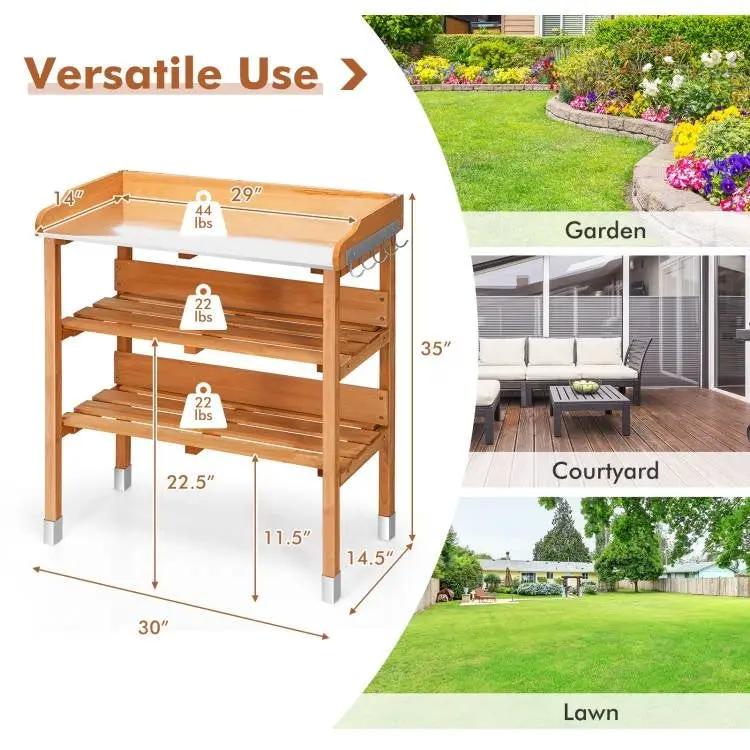 Solid Wood Outdoor Garden Bench Table with Bottom Storage Shelves and Metal Top - Tampa Home & Garden Store