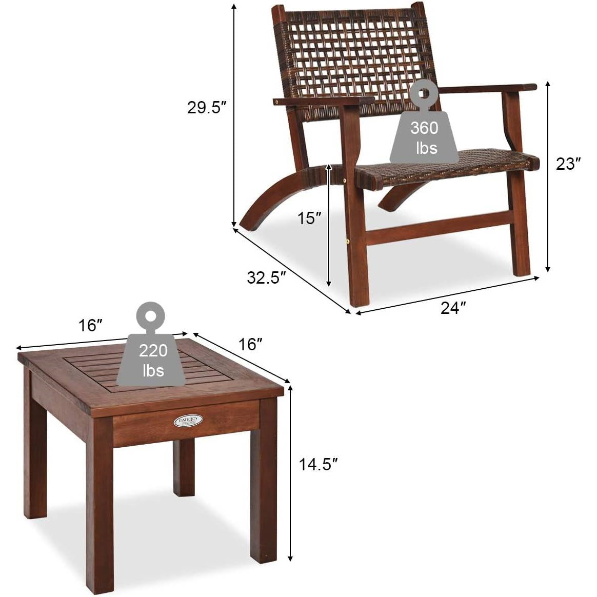 Solid Wood and Rattan 3-Piece Outdoor Patio Furniture Table Chairs Set - Tampa Home & Garden Store