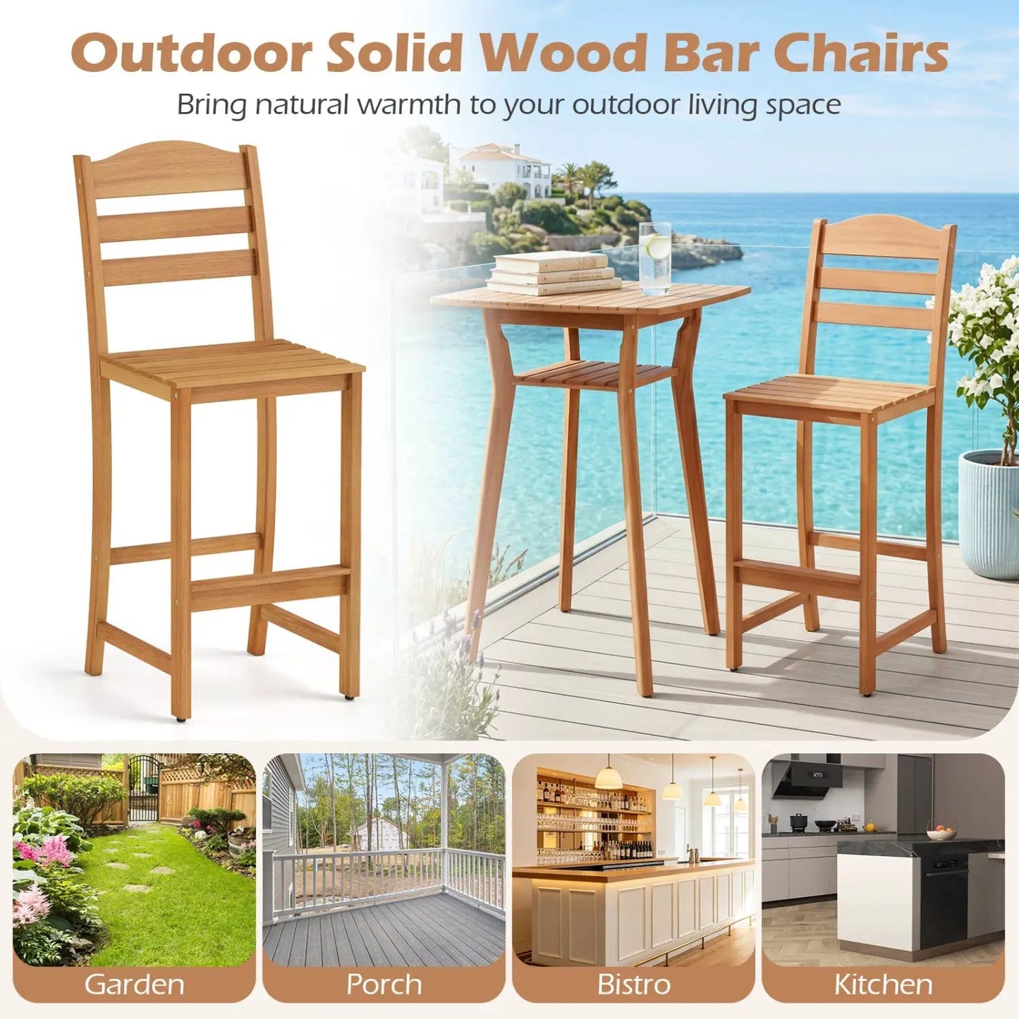 Acacia Wood Bar Stools With Curved Backrest