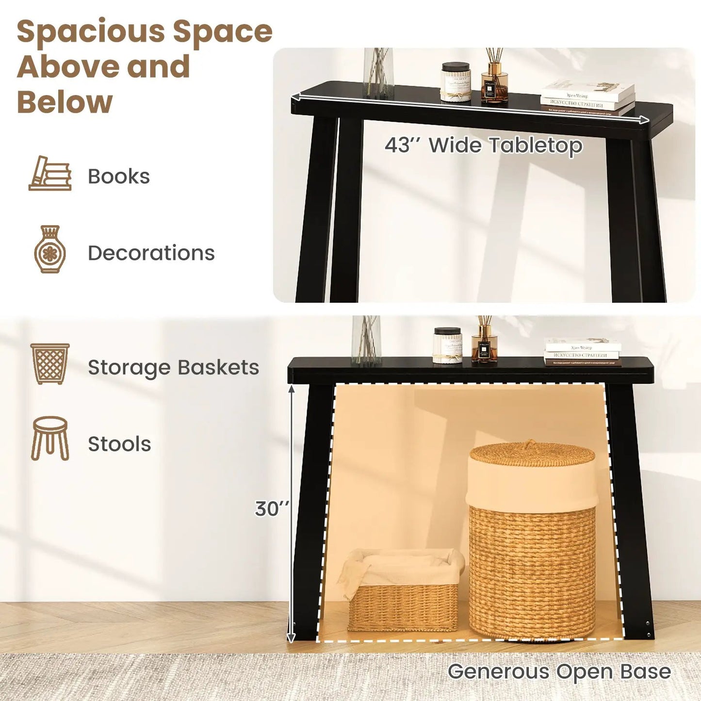 Solid rubber wood console table 43 inch wide, black finish DirectDeals entryway on Tampa Home & Garden Store