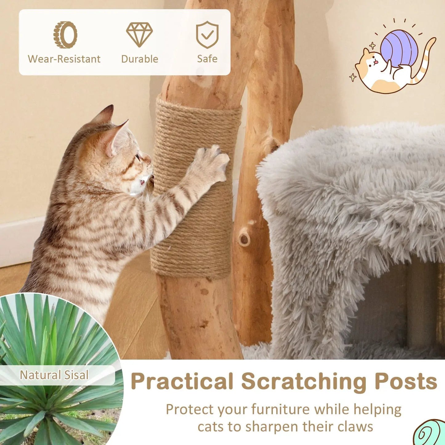 Solid Wood Cat Tower with rope-wrapped post and plush gray bed DirectDeals Cat Trees & Towers on Tampa Home & Garden Store
