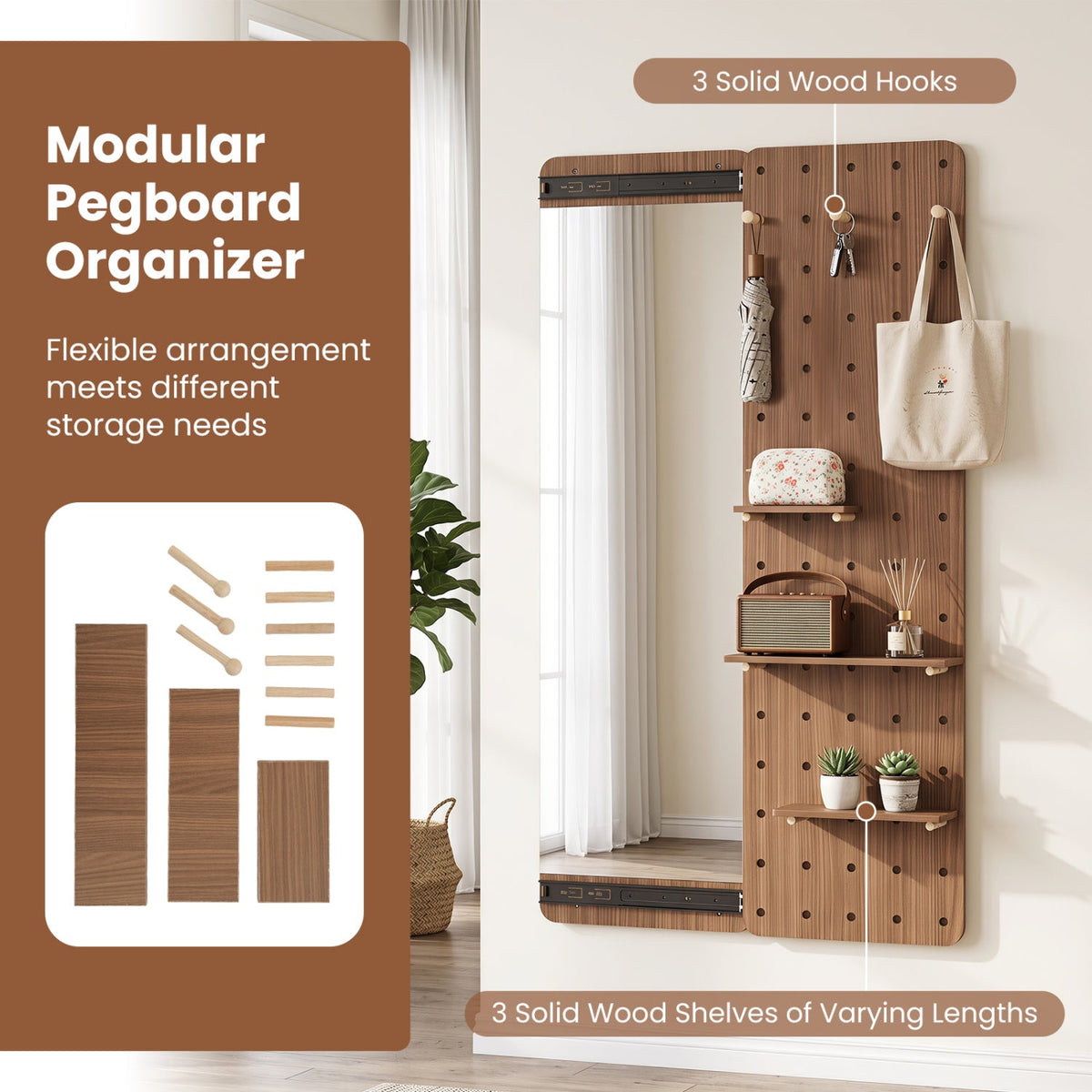 Full Length Wall Mirror with Sliding Pegboard & Shelves by DirectDeals with 3 hooks on Tampa Home & Garden Store