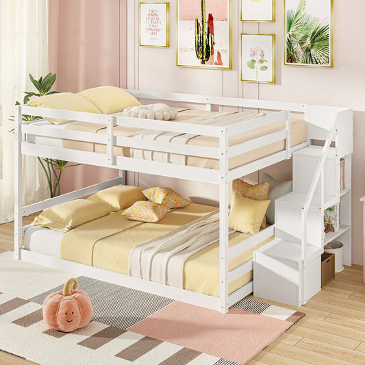 Solid Wood Full Over Full Low Bunk Bed with Storage Stairs-White - Tampa Home & Garden Store
