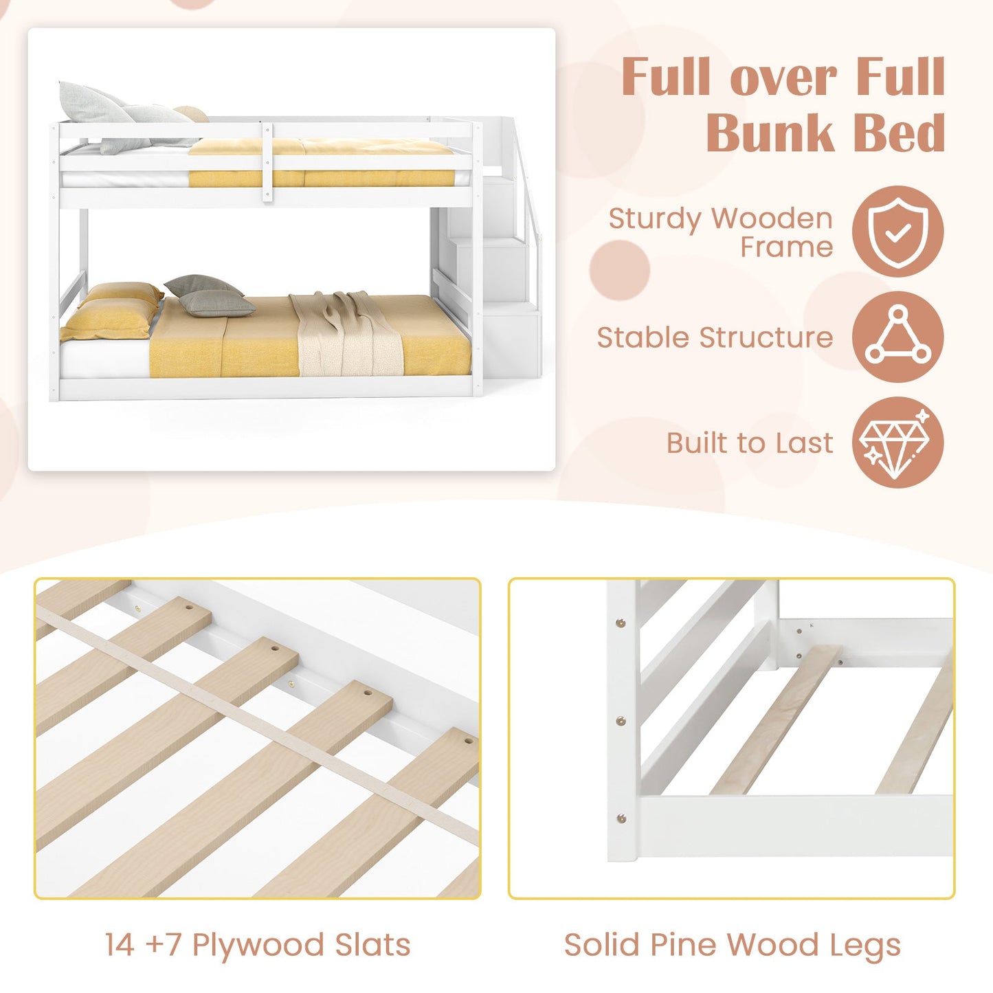 Litera doble de madera maciza, baja, con escaleras de almacenamiento - Blanco