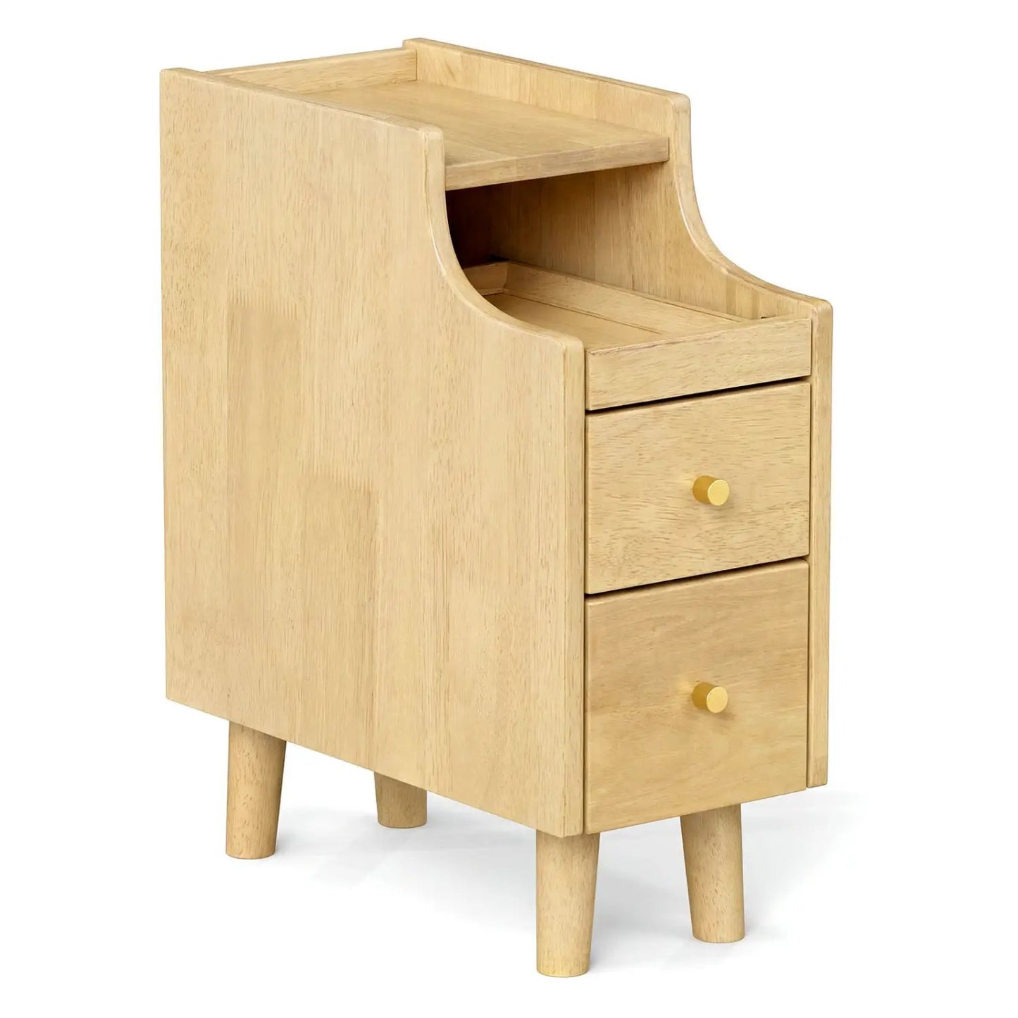 Solid Wood End Table Narrow Bedside Table with Pull-out Tray and 2 Storage Drawers-Brown - Tampa Home & Garden Store