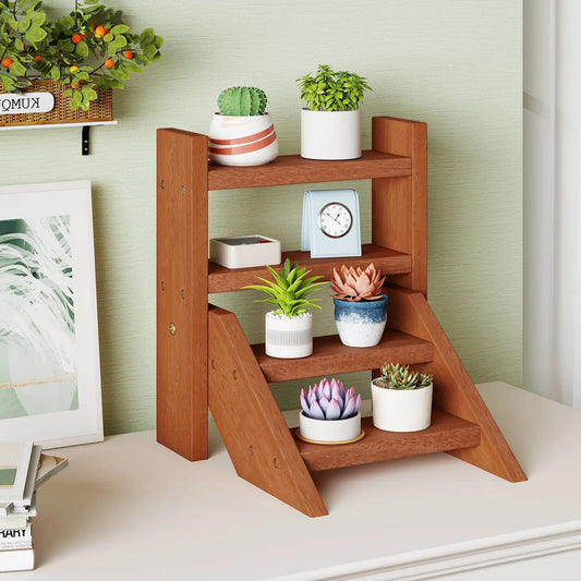 Solid Wood Plant Stand for Pots and Succulents with shelves holding potted succulents and cacti on Tampa Home & Garden Store