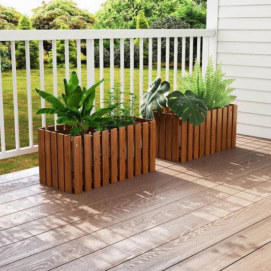Solid wood raised garden bed for flowers, two brown slat planters with green plants on a deck on Tampa Home & Garden Store