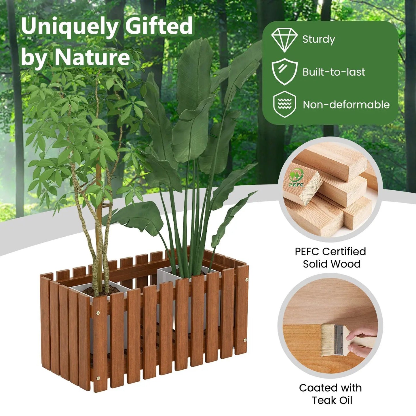 Solid wood raised garden bed for flowers with brown teak finish and slatted sides on Tampa Home & Garden Store