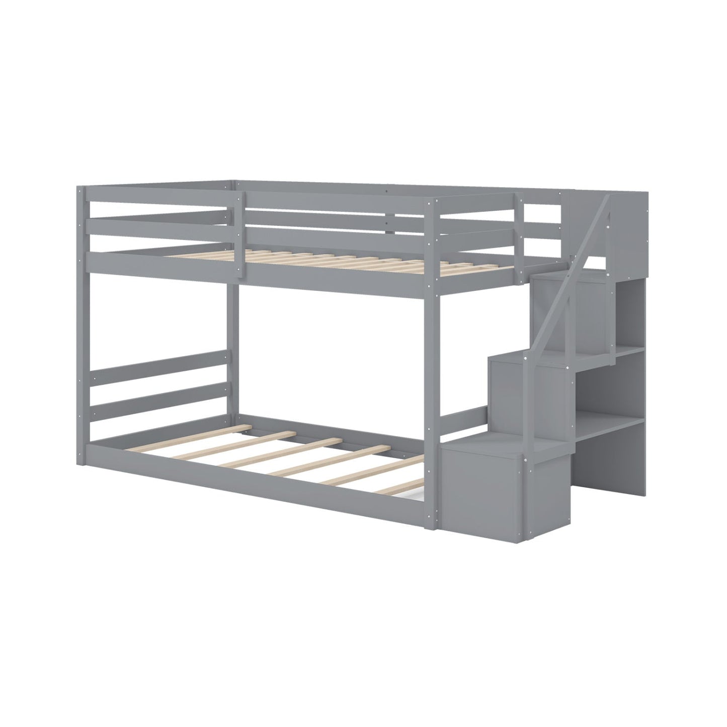 Solid Wood Twin Over Full Low Bunk Bed with Storage Stairs-White - Tampa Home & Garden Store