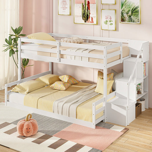 Solid Wood Twin Over Full Low Bunk Bed with Storage Stairs-White - Tampa Home & Garden Store