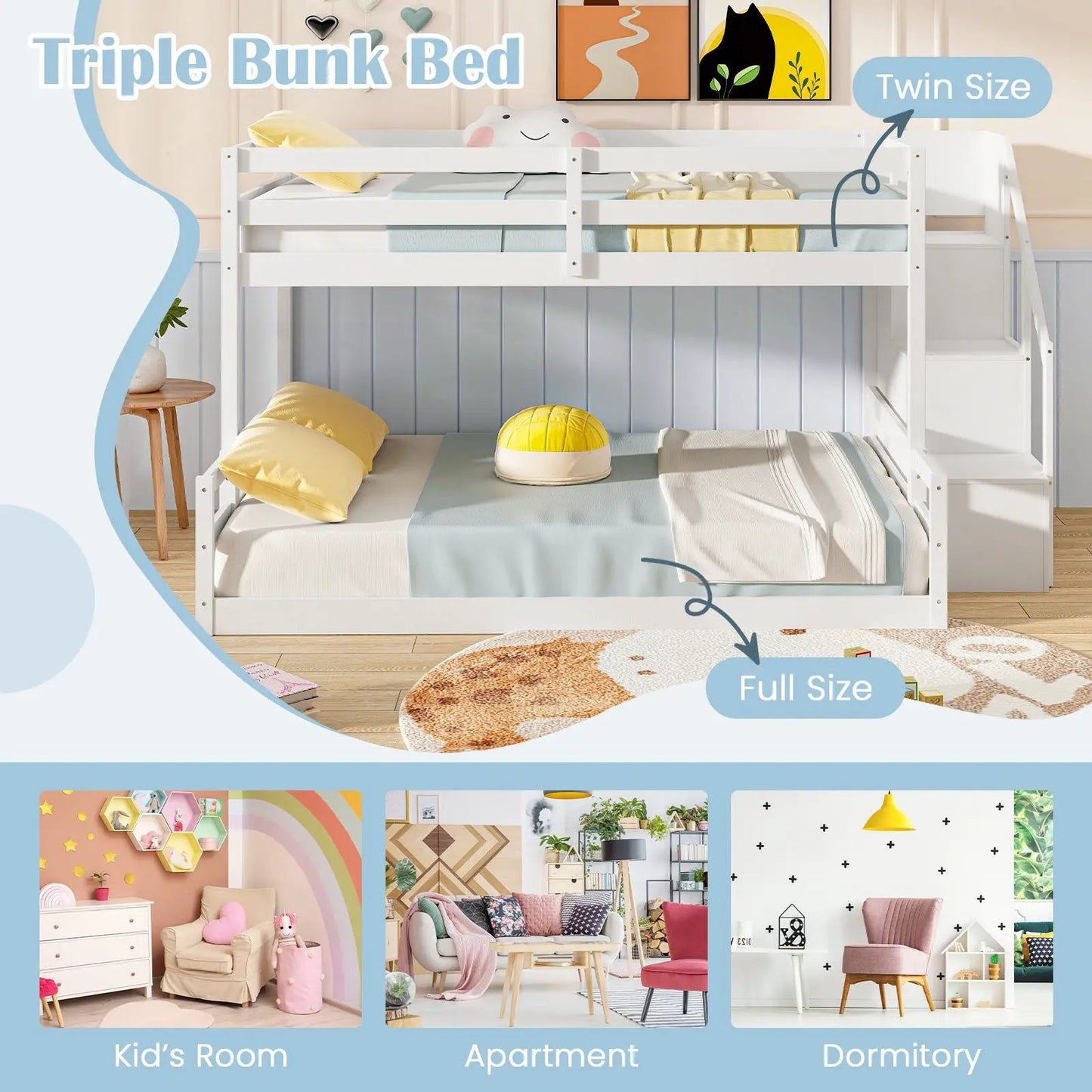 Solid Wood Twin Over Full Low Bunk Bed with Storage Stairs-White - Tampa Home & Garden Store