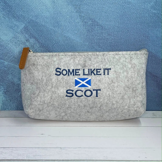 Saltire flag embroidered felt zipper pouch with tan leather pull on Tampa Home & Garden Store
