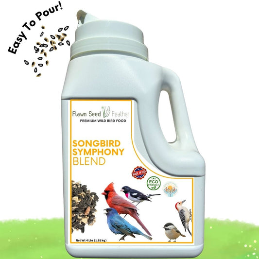 Songbird Symphony Blend bird food in white bottle with label; shows cardinal and bluebird 4 Lbs on Tampa Home & Garden Store