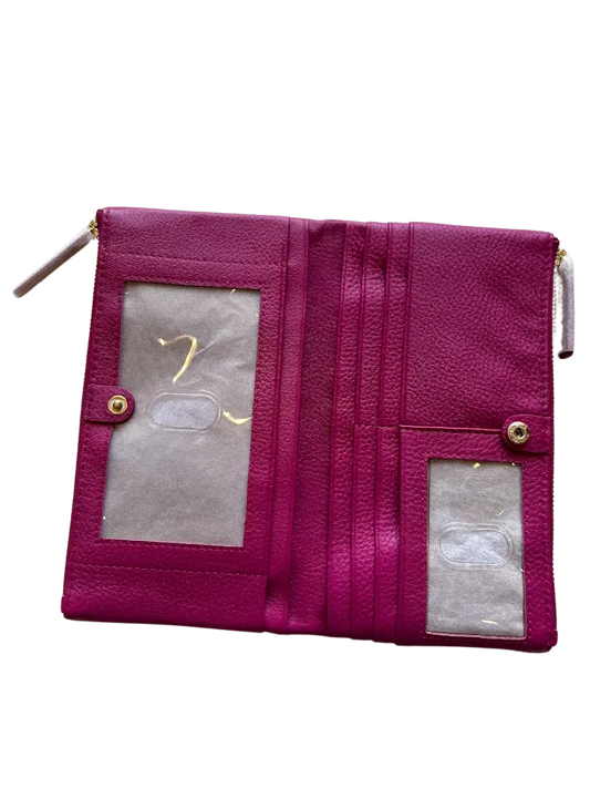 Sophia Soft Double Zipper Leather Wallet magenta textured leather with clear ID windows on Tampa Home & Garden Store
